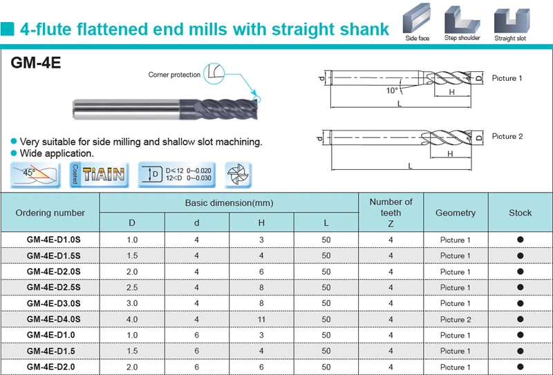 GM-4E Series Solid Carbide flattened End Mill for machining steel 45/55/63/65 HRC 2/3/4 Flute for Harden Steel CNC Milling Machine